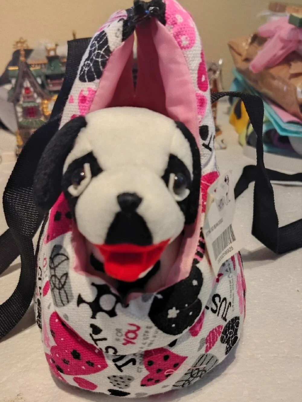 Plush Shoulder Bag For Your Puppy - Pink & Black Heart Print New